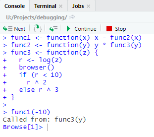 browser statement in R code