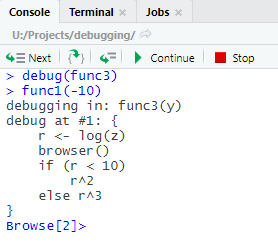 debug function in R