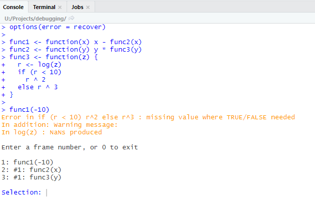 the recover function in R